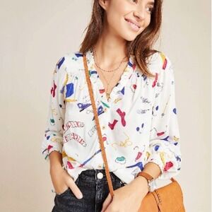 Maeve Anthropologie Marisol Ruffled Winter Novelty Print Blouse White Ruffle Top